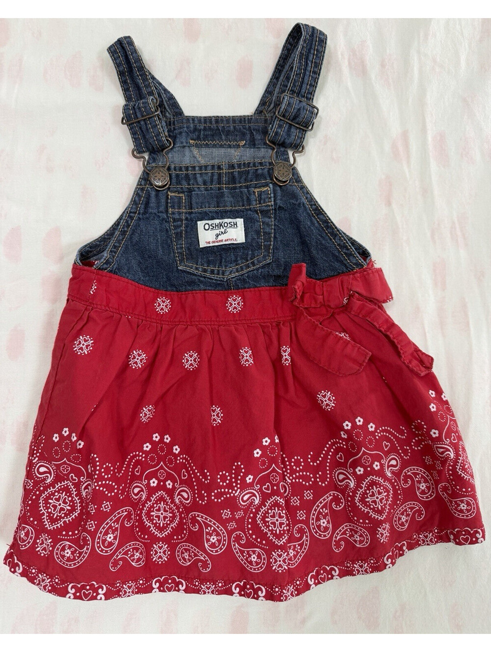 OshKosh Girl 2T Denim Overall Dress Red Bandana Paisley Print Jumper Bow Pocket